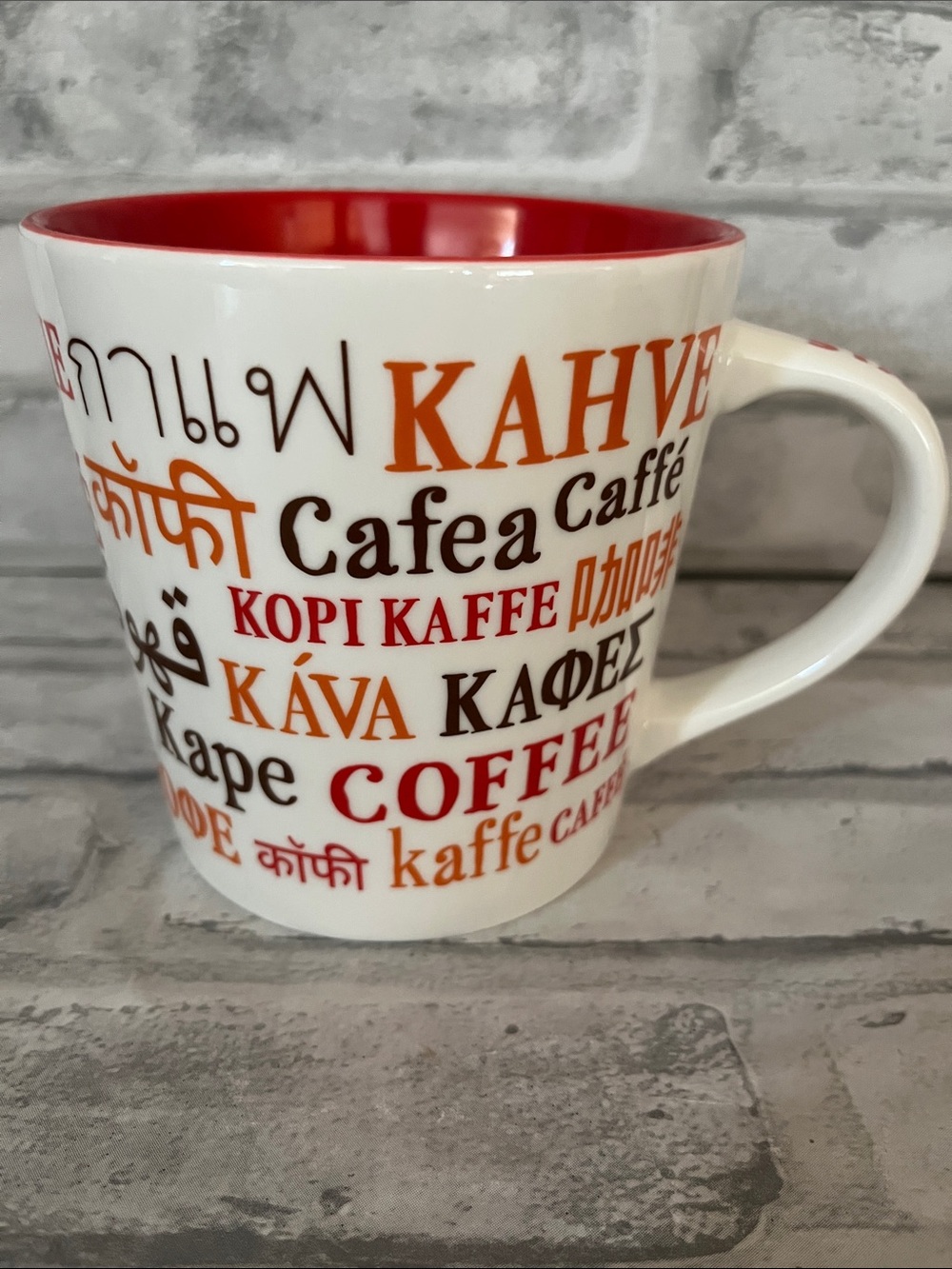 Starbucks Multilingual Coffee Ceramic Mug - White with Red Interior 16 Oz